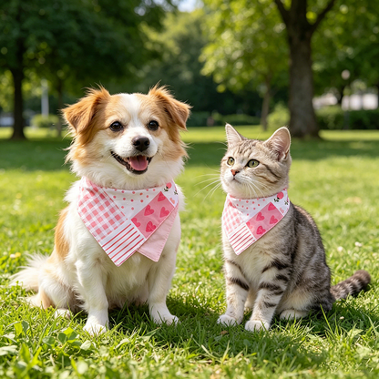 Dog and cat wearing pink grid bandana pet neckwear outdoors