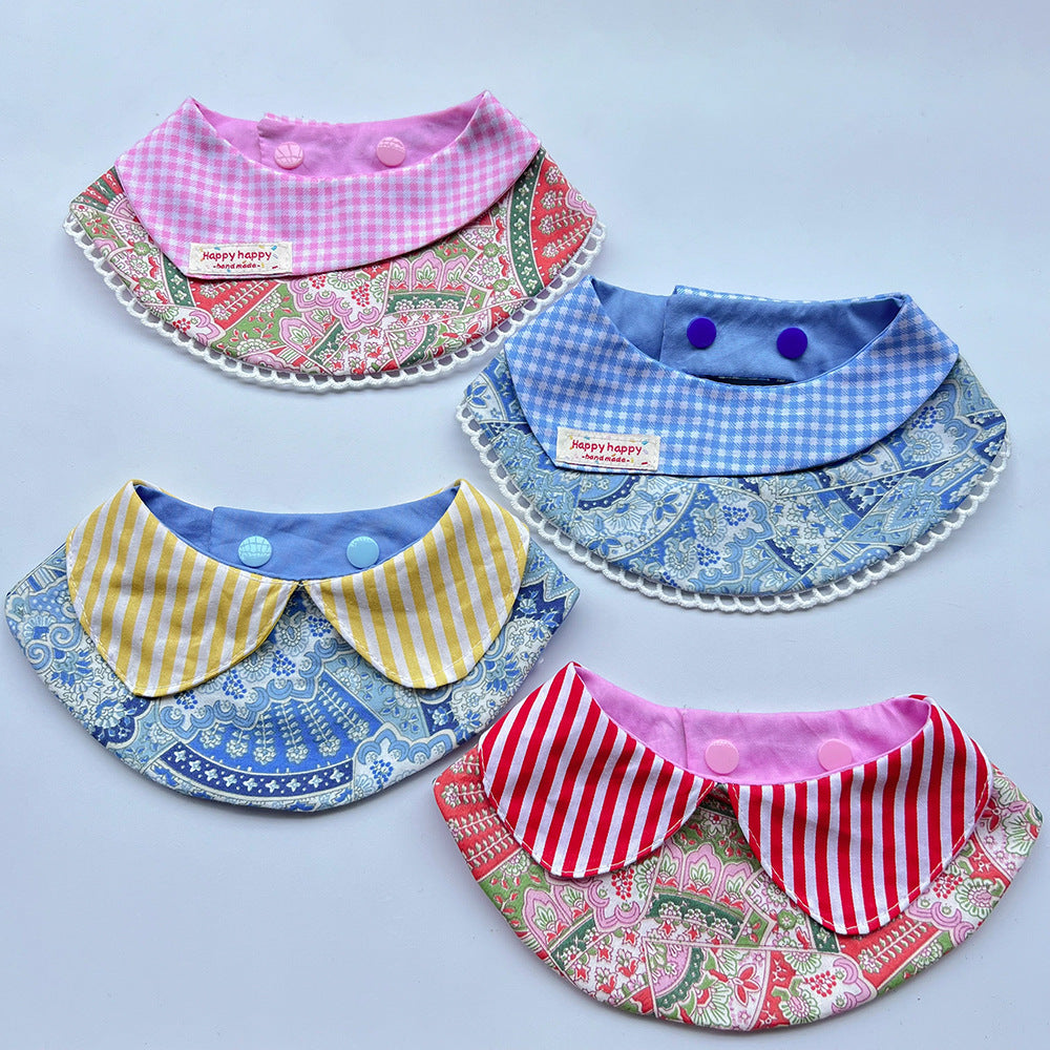Four pet neckwear designs with gingham or striped panels and floral patterns.