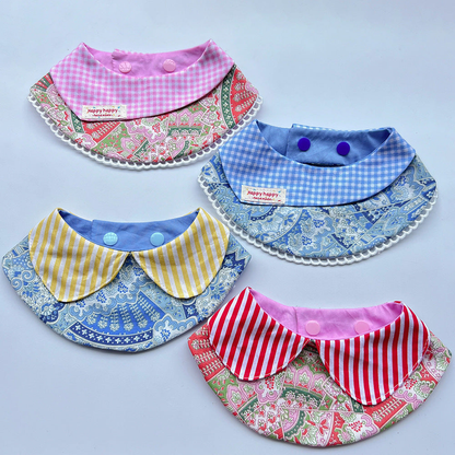 Four pet neckwear designs with gingham or striped panels and floral patterns.