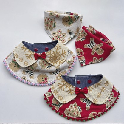 Red and ivory pet neckwear in bib and bandana styles, with gingerbread and snowman patterns.