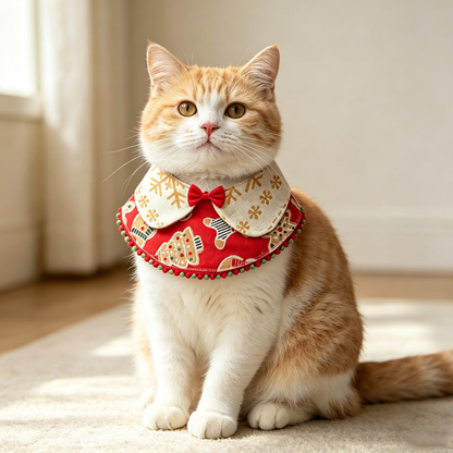 Orange and white cat wearing Red Bib pet neckwear with a red bow and pom-pom trim.
