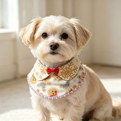 Cream-colored dog wearing Light Bib pet neckwear with snowflake lapels and pastel pom-pom trim.