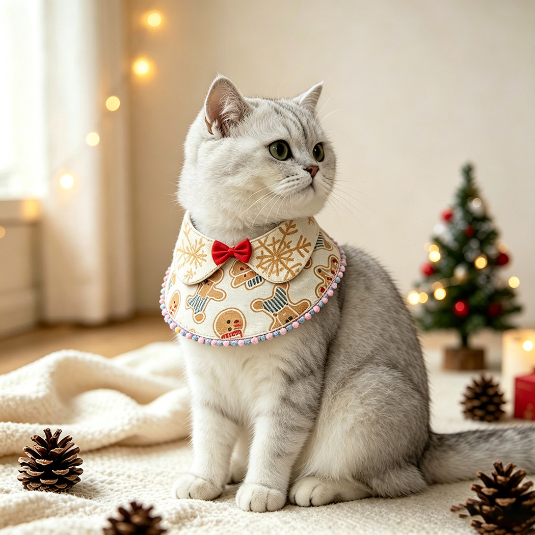 Silver-gray cat wearing Light Bib pet neckwear beside a small decorated tree and pinecones.