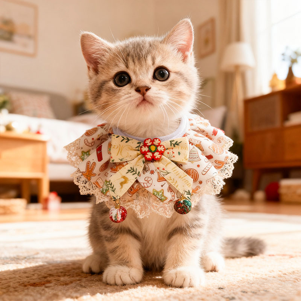 Seated cat wearing Cream / Red Pet Neckwear indoors, with the ruffled bib, front bow and dangling ornaments visible.