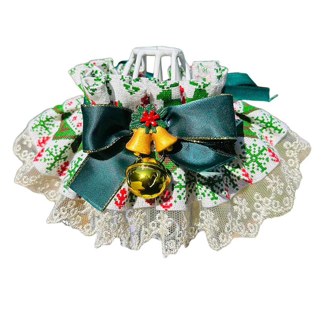 Bells pet neckwear with a dark green bow, paired bell accent and ruffled lace-look edge