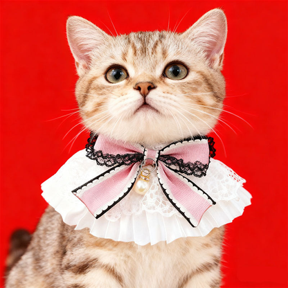 Cat wearing Light Pink bow Cat Neckwear with white lace ruffles against a red background