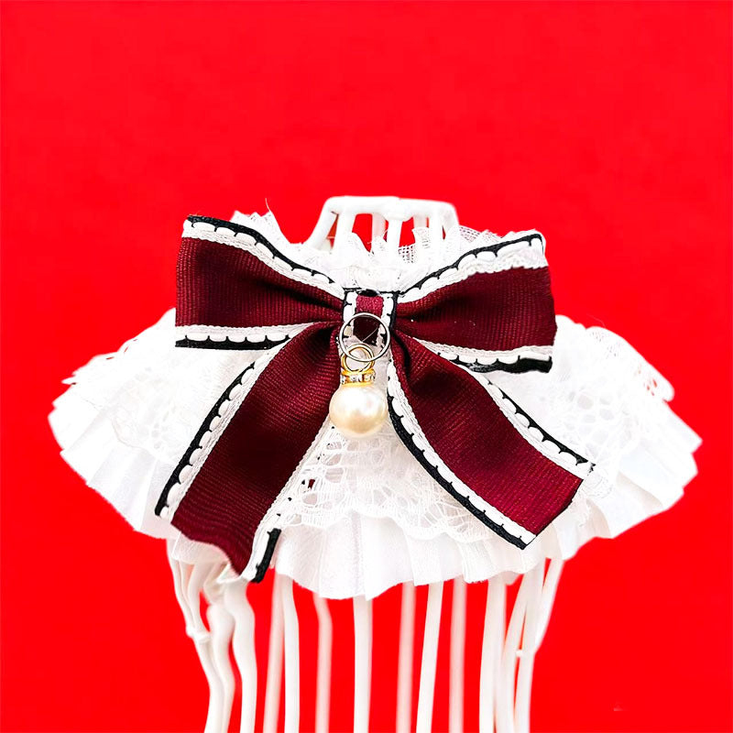 Burgundy bow Cat Neckwear with contrasting trim, layered white lace and a pleated ruffle