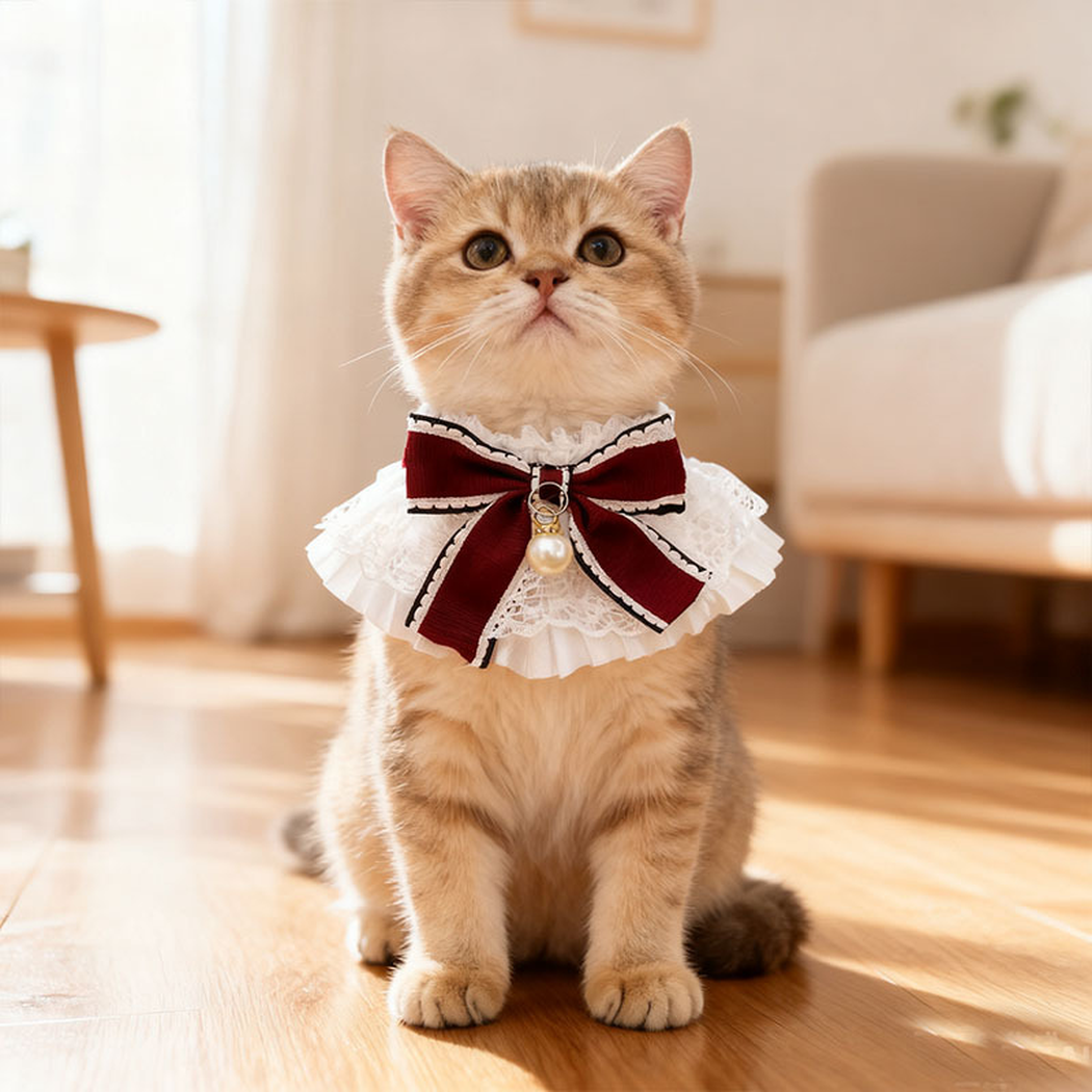 Cat wearing Burgundy bow Cat Neckwear with white lace ruffles while sitting on a sunlit floor