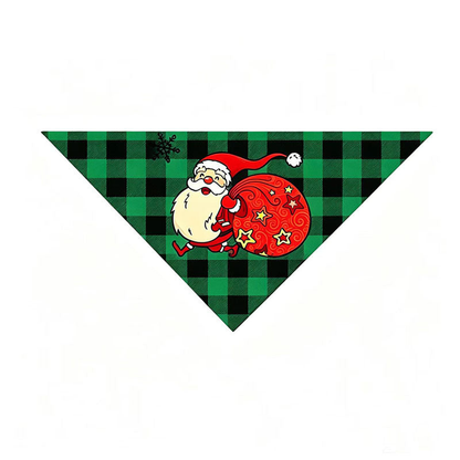 Green Santa pet neckwear with green and black checks and a Santa motif, laid flat in a triangular shape.