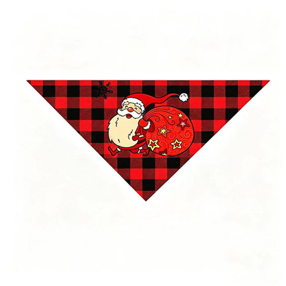 Red Santa pet neckwear with red and black checks and Santa carrying a star-patterned sack.