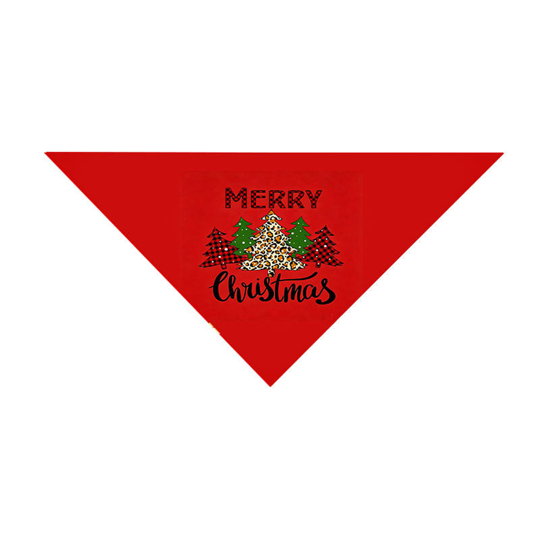 Trees pet neckwear in red with patterned Christmas trees and Merry Christmas lettering.