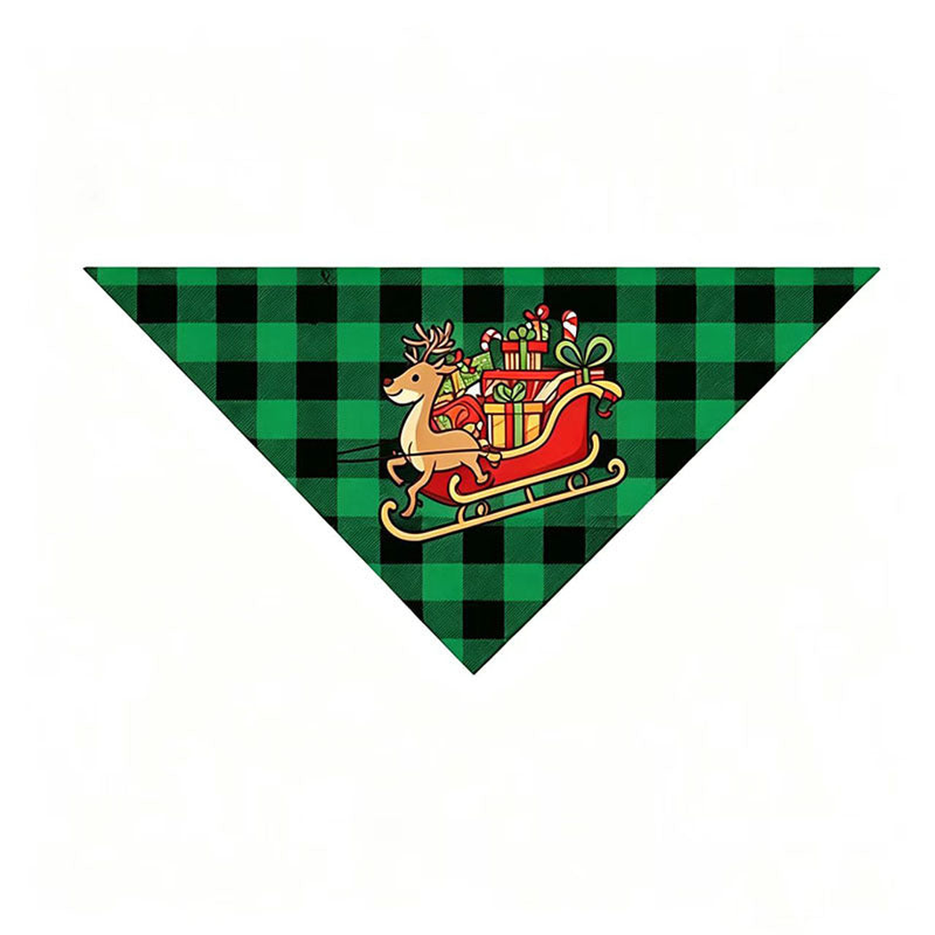 Sleigh pet neckwear with green and black checks and a reindeer pulling a gift-filled sleigh.