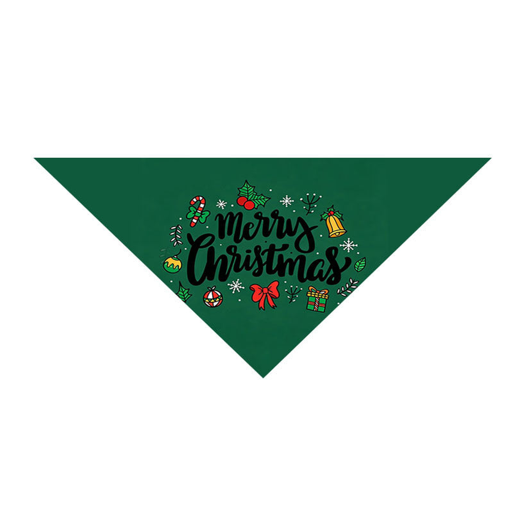 Holly pet neckwear in dark green with black Merry Christmas lettering surrounded by colorful holiday motifs.