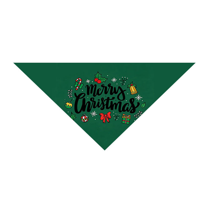 Holly pet neckwear in dark green with black Merry Christmas lettering surrounded by colorful holiday motifs.