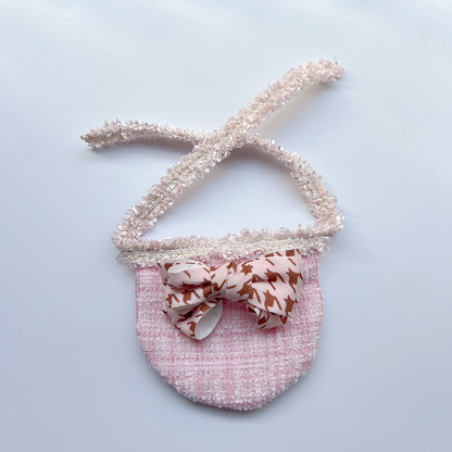 Pink Check Pet Neckwear with a rounded checked bib, brown-patterned pink bow, and textured neck ties.