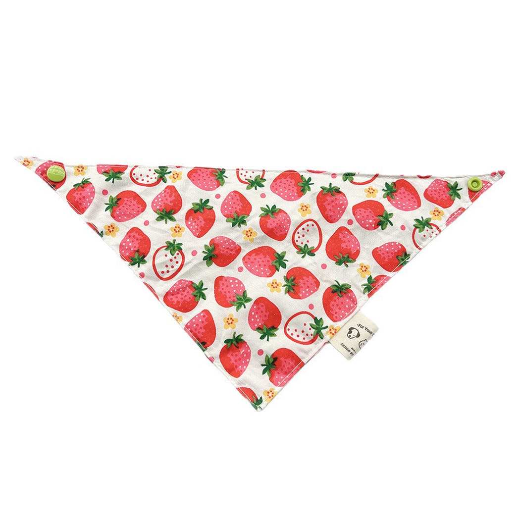 Red Bandana Pet Neckwear with strawberry print, triangular shape and green corner snaps.
