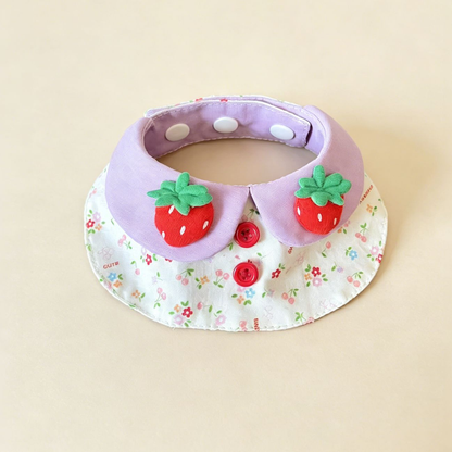 Purple Floral pet neckwear with lavender neck panels, raised strawberry decorations and a white floral bib.
