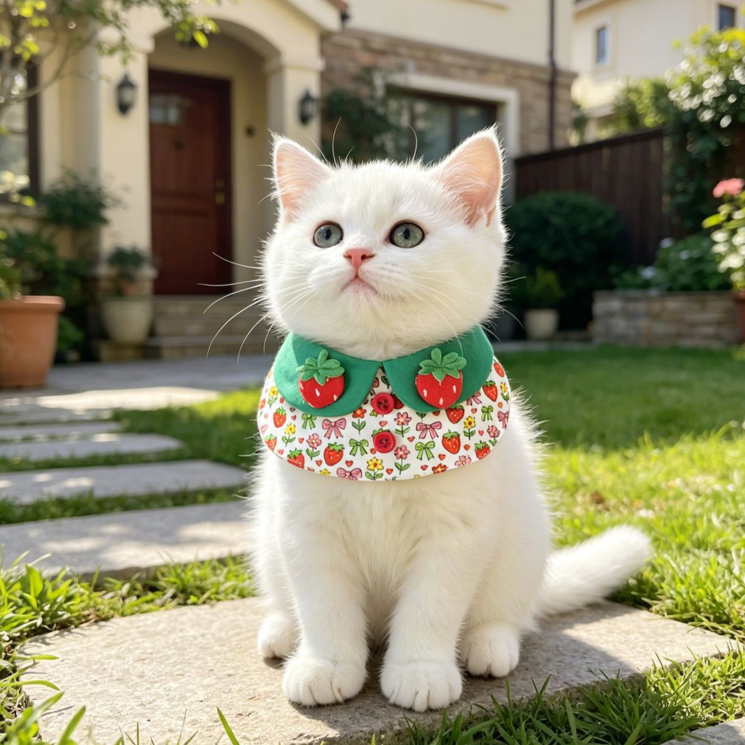 White cat wearing Hearts pet neckwear with green neck panels and strawberry decorations outdoors.