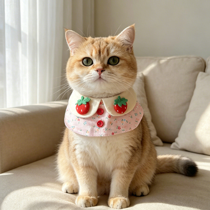 Golden cat wearing Pink Floral pet neckwear with strawberry decorations on a cream sofa.