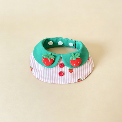Stripes pet neckwear with pink and white stripes, green neck panels and raised strawberry decorations.