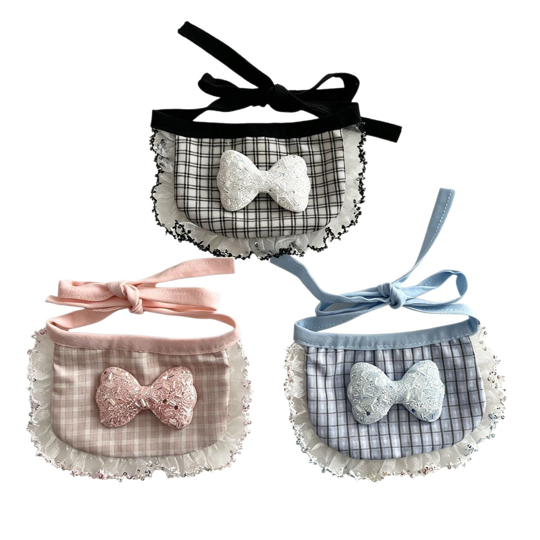 Pink Sparkle, Blue Sparkle and Black Loops Pet Neckwear with bow accents and ruffled borders on white.
