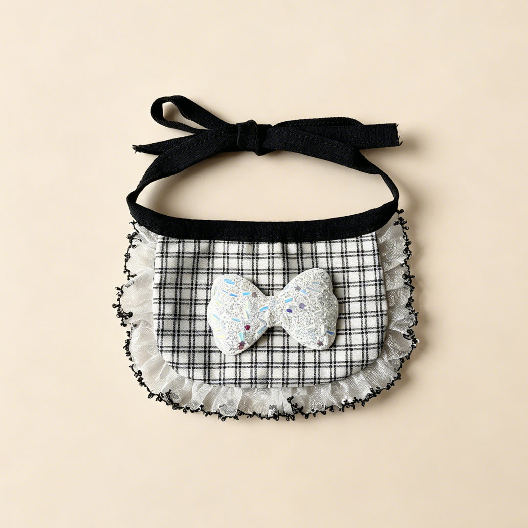 Black Loops Pet Neckwear with a black-and-white checked panel, sparkling bow and black looped ruffle edging.