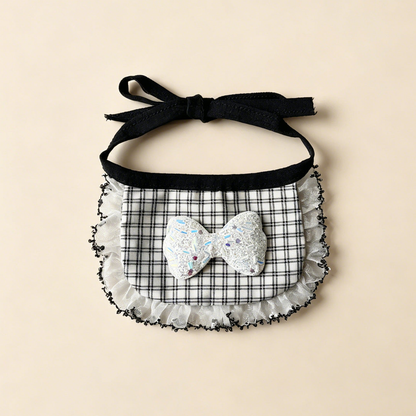 Black Loops Pet Neckwear with a black-and-white checked panel, sparkling bow and black looped ruffle edging.