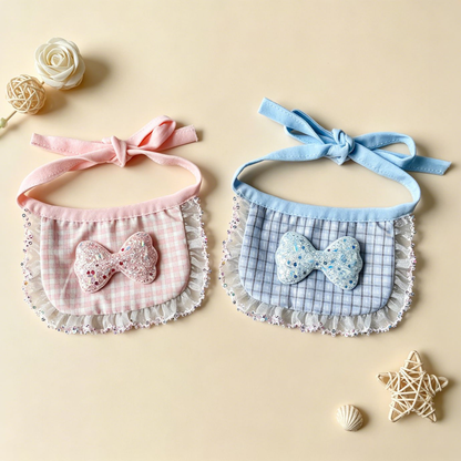 Pink Sparkle and Blue Sparkle Pet Neckwear side by side, showing contrasting checks, glittery bows and ruffled edges.