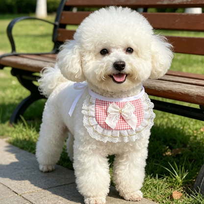 White dog standing beside a park bench wearing pink gingham pet neckwear with a white bow.