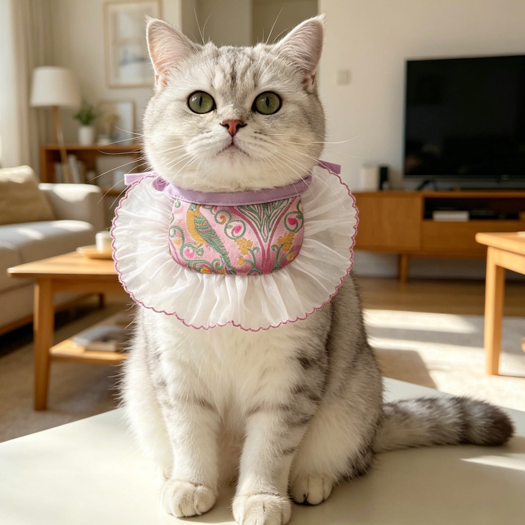 Gray cat wearing Pink Wide pet neckwear with a patterned bib and broad white ruffle.