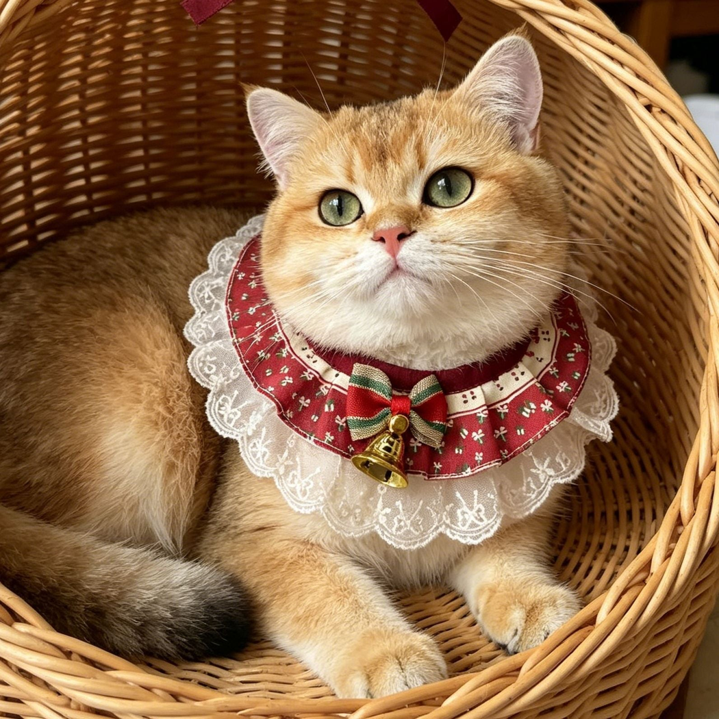 Golden cat wearing red striped Pet Neckwear with white lace-look edging, a bow and gold-tone bell in a basket.