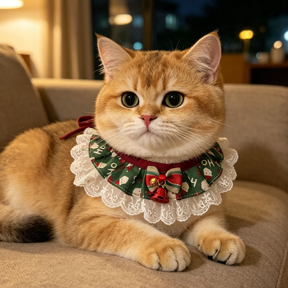 Golden cat wearing green Santa-print Pet Neckwear with white lace-look edging and a red bell on a sofa.