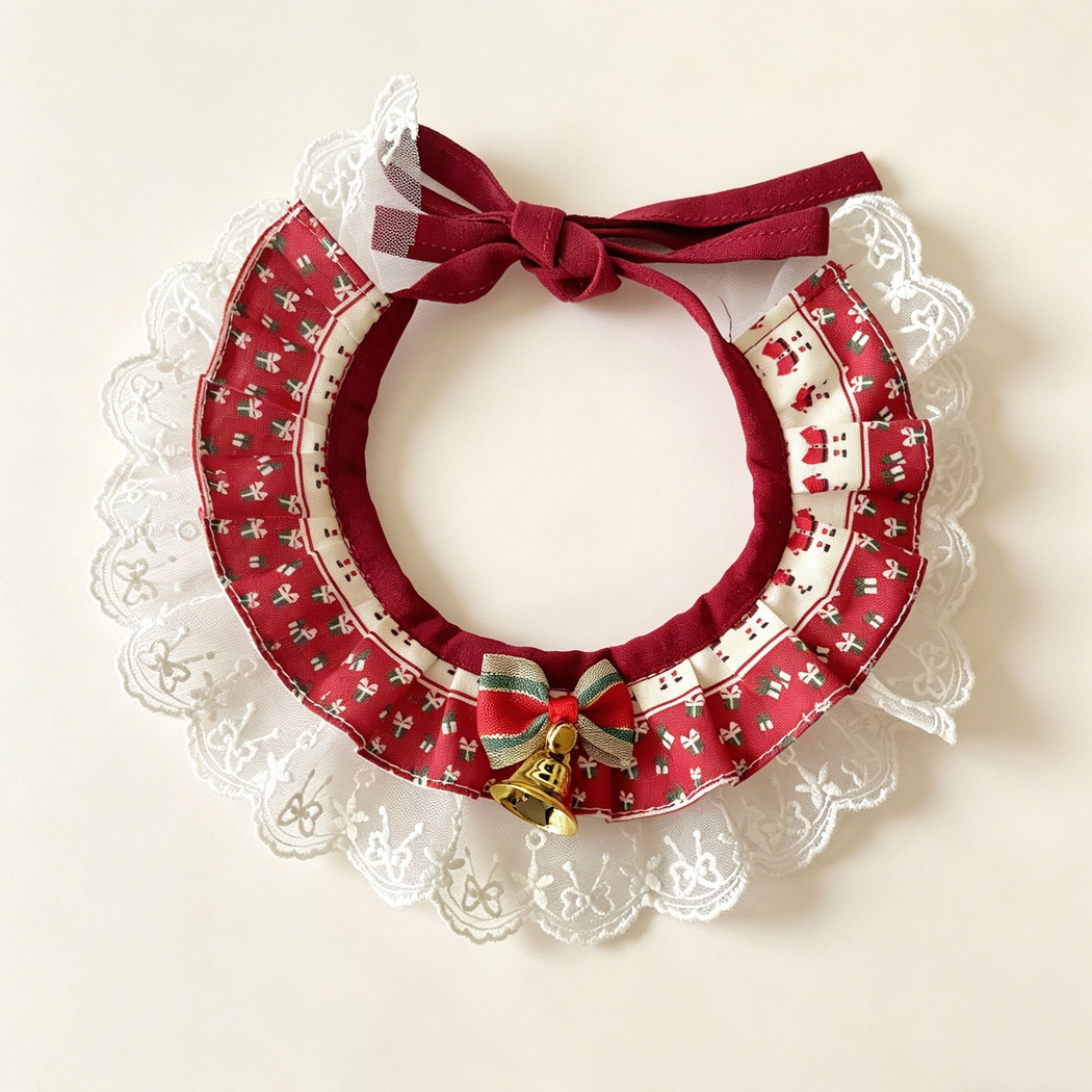 Trimmed Stripes Pet Neckwear with red and ivory print, white lace-look edging, striped bow and gold-tone bell.