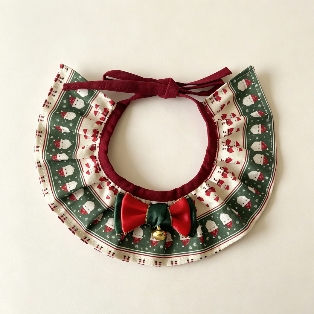 Striped Ruffle Pet Neckwear with green and ivory Santa bands, burgundy ties, red and green bow and gold-tone bell.