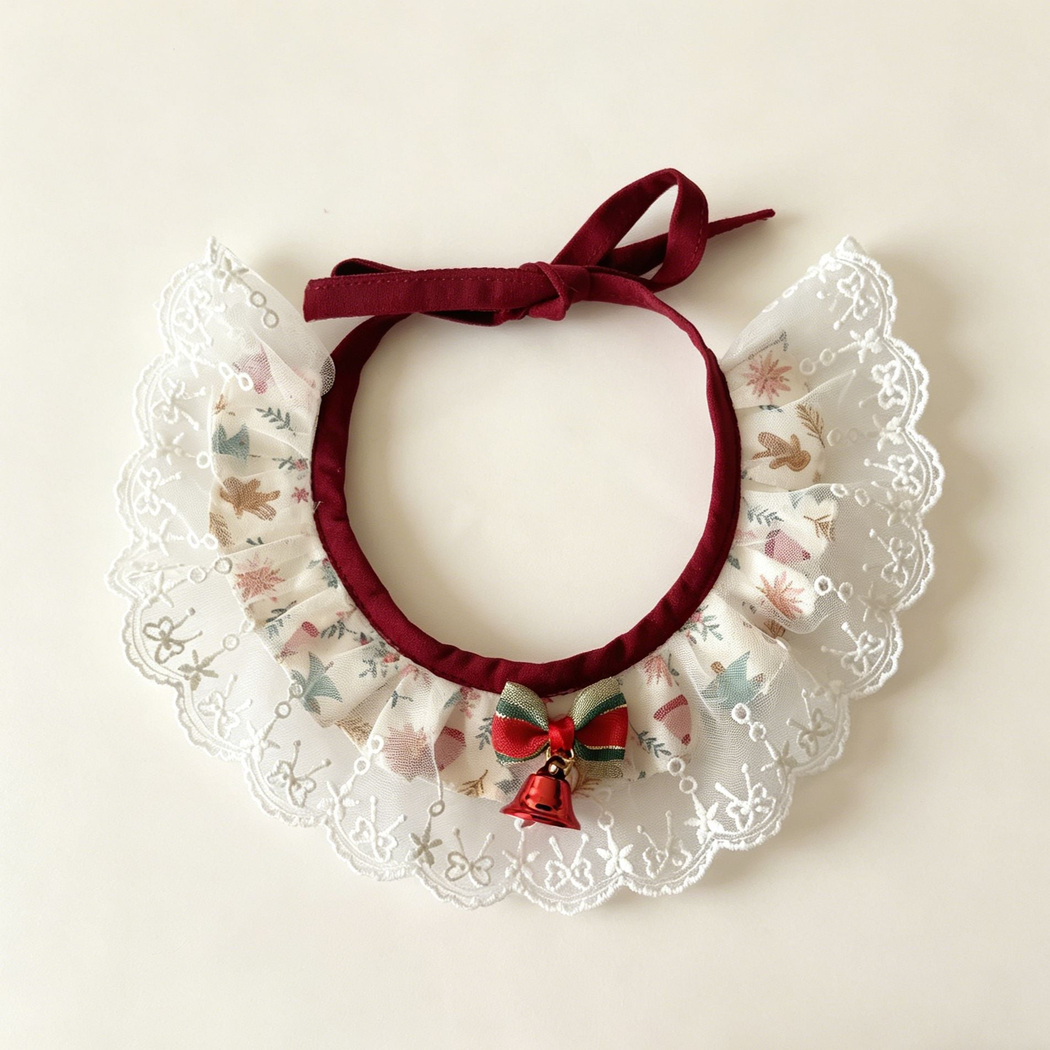 Gingerbread Mesh Pet Neckwear with white scalloped mesh over ivory print, burgundy ties, striped bow and red bell.