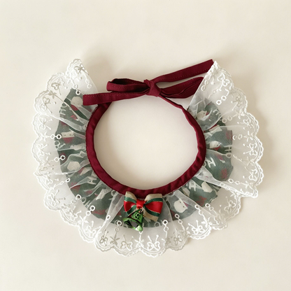 Santa Mesh Pet Neckwear with white scalloped mesh over green Santa print, burgundy ties, striped bow and green bell.