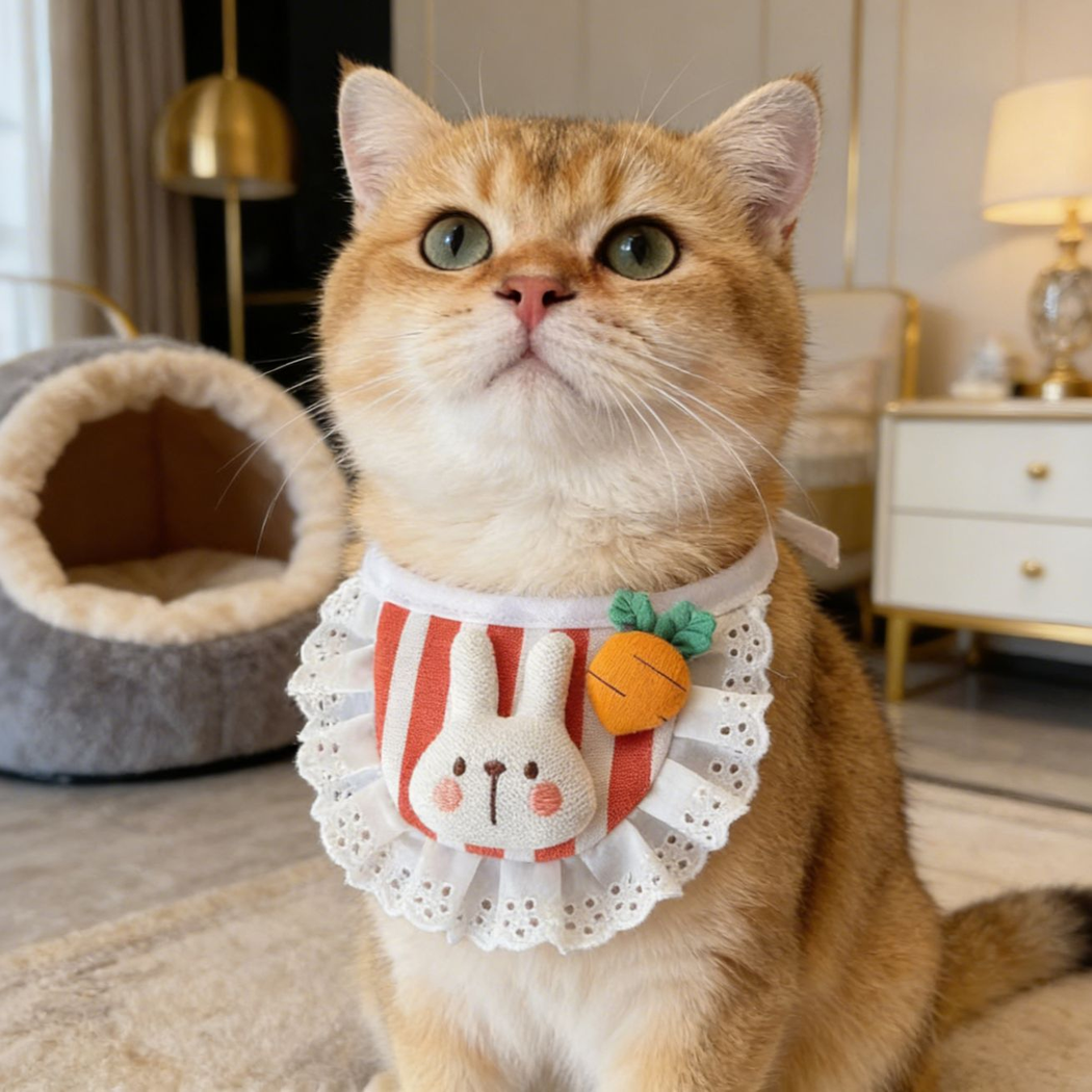 Golden cat wearing Orange striped pet neckwear with a rabbit face, carrot decoration and white eyelet ruffle.