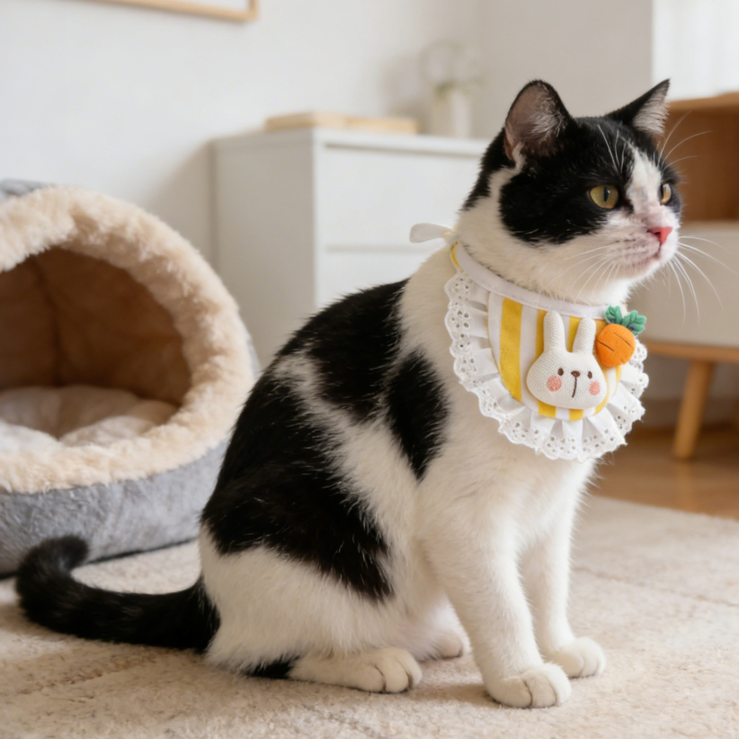 Black-and-white cat sitting in profile while wearing Yellow striped pet neckwear with rabbit and carrot decorations.