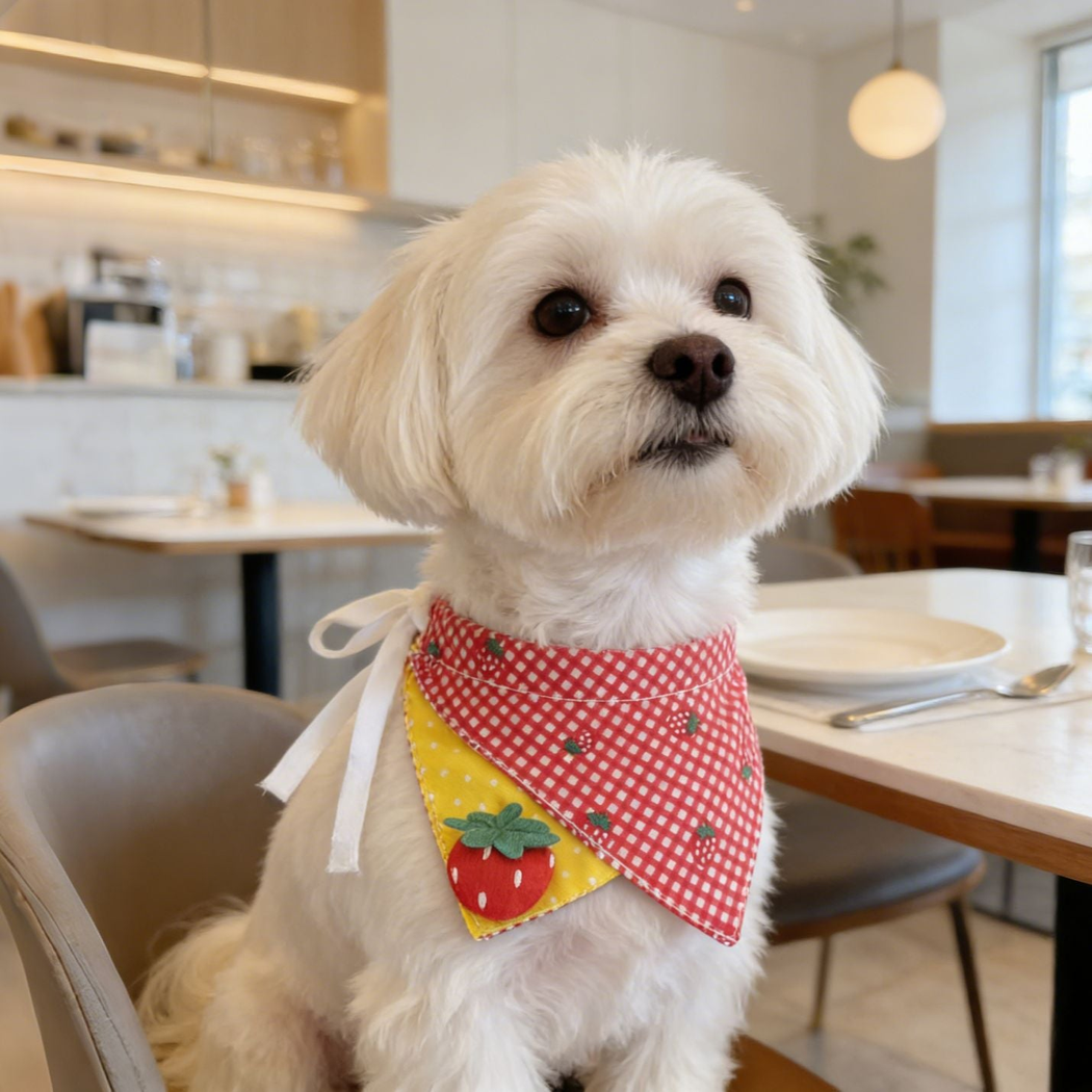 White dog wearing pet neckwear with overlapping red gingham and yellow dotted panels and a strawberry decoration.