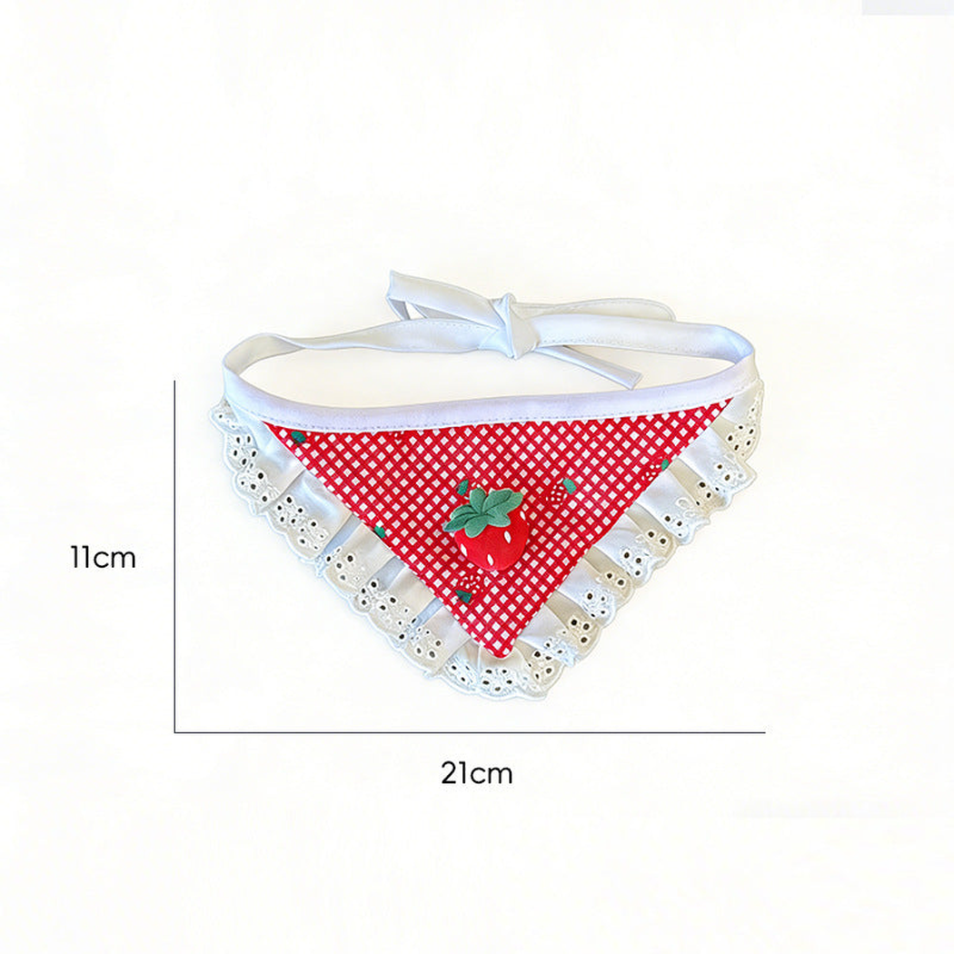 Triangular strawberry gingham pet neckwear with white eyelet trim and front measurements of 21 cm wide by 11 cm high.