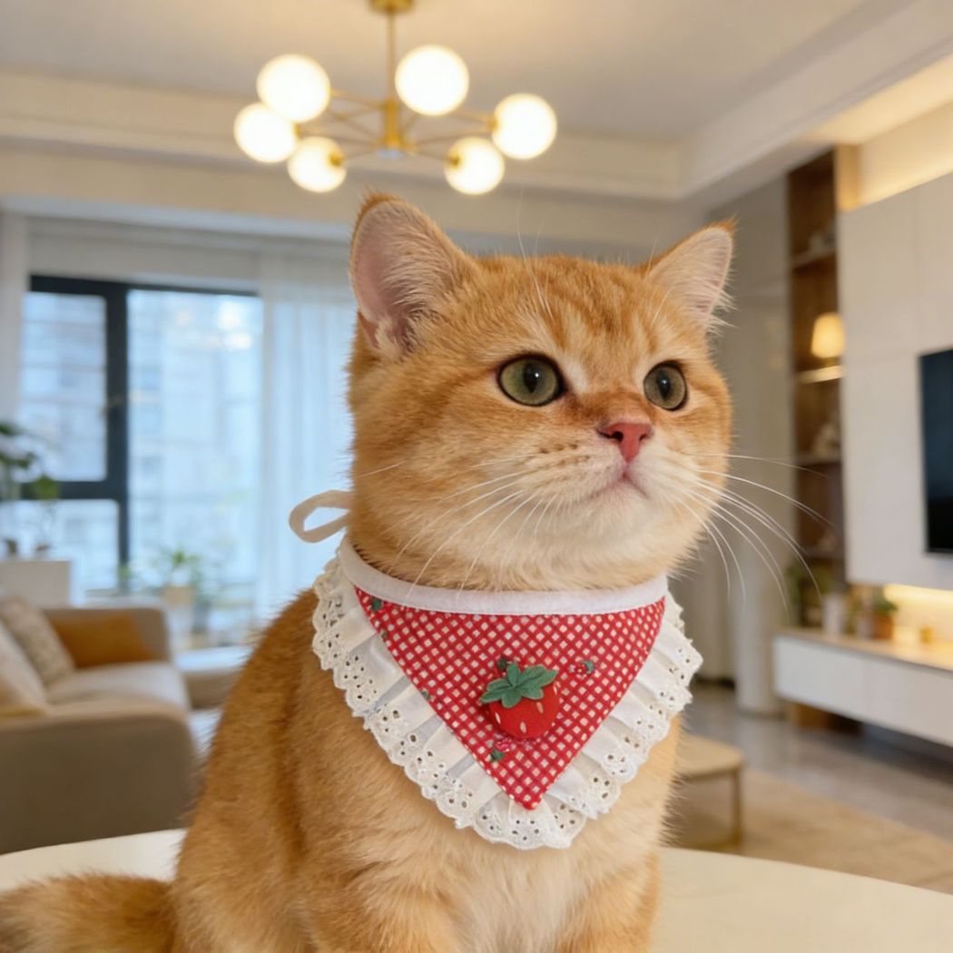 Orange cat wearing triangular strawberry gingham pet neckwear with white eyelet ruffles.