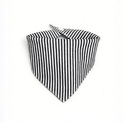 Black / White striped pet neckwear with a triangular front and overlapping neck tabs on a white background.