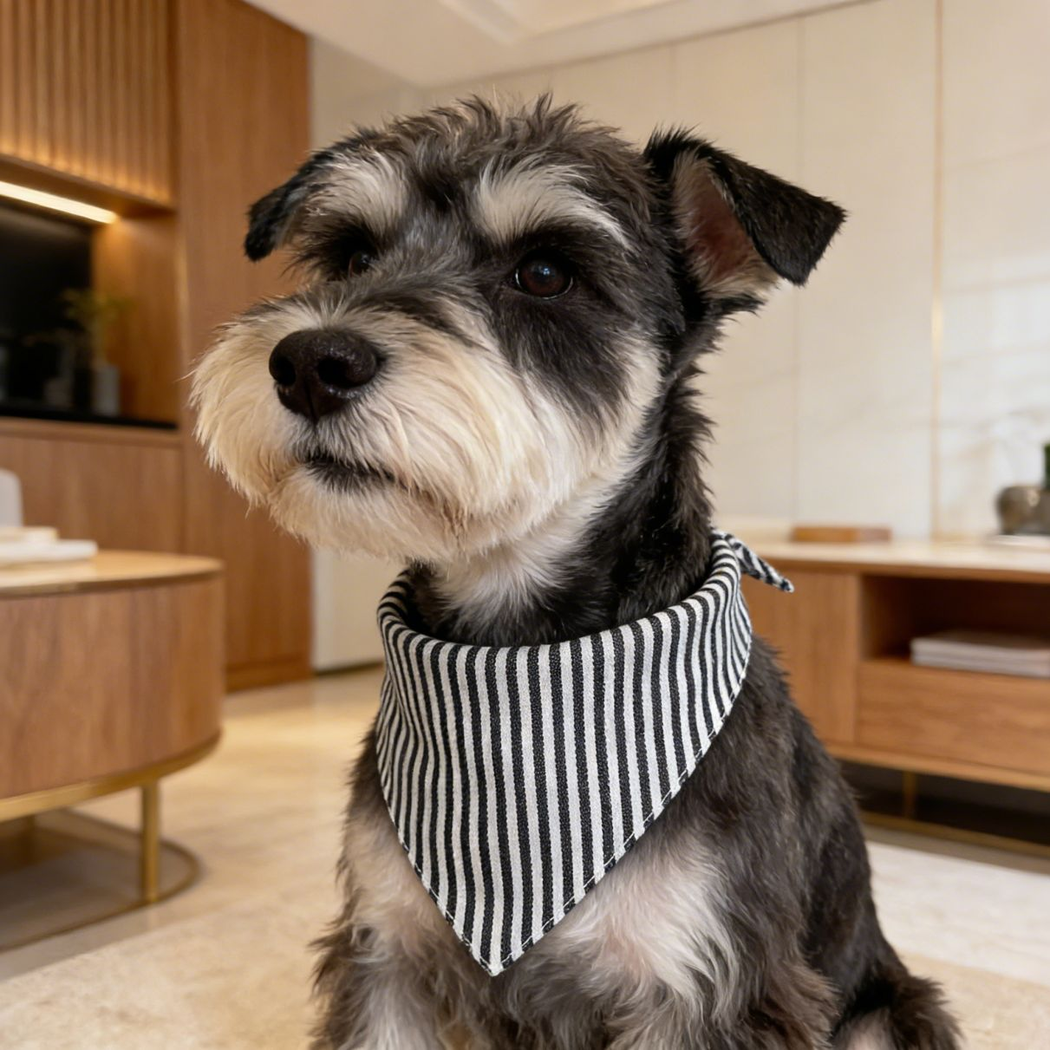 Gray and white dog wearing black and white striped pet neckwear indoors.