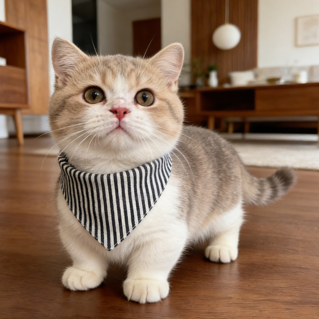Gray and white cat standing indoors wearing black and white striped pet neckwear.