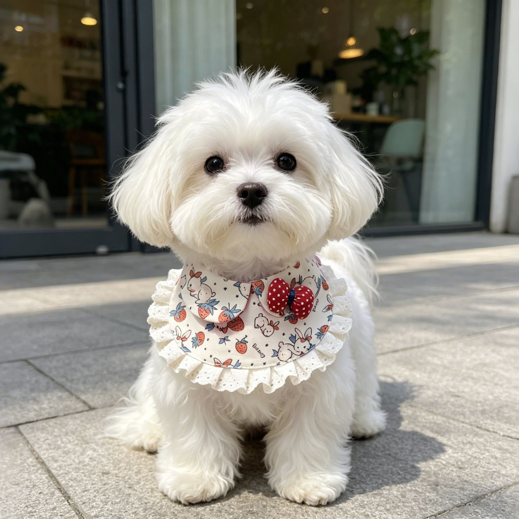 White dog wearing Strawberries pet neckwear with rabbit motifs, lace ruffles and a red dotted bow outdoors.
