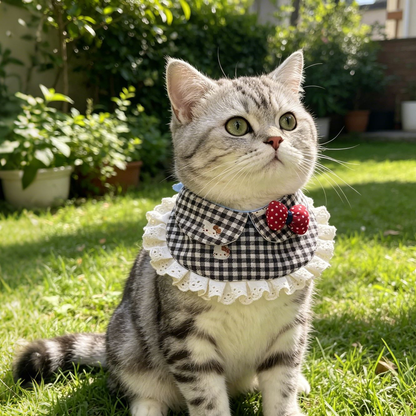 Silver tabby cat wearing Gingham pet neckwear with lace ruffles and a red dotted bow on grass.
