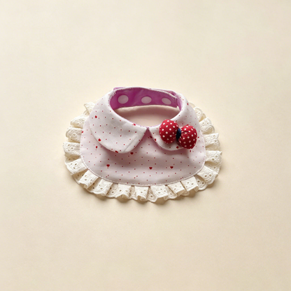 Hearts pet neckwear with tiny red hearts and dots, ivory lace ruffles and a red dotted bow.