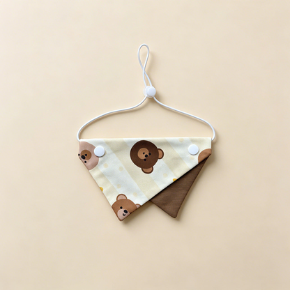 Brown Bear Pet Neckwear with bear faces, brown underpanel and white cord.