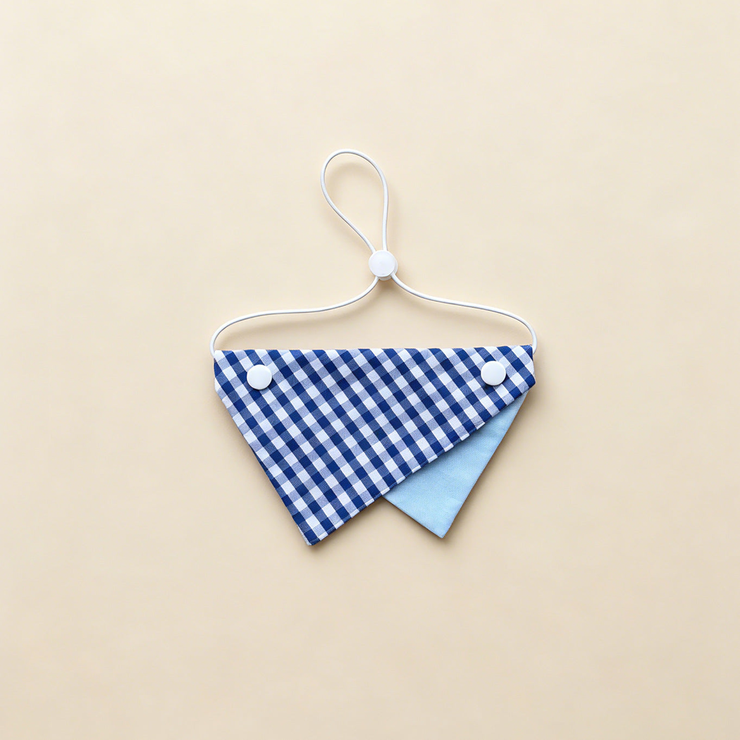 Navy Gingham Pet Neckwear with navy and white checks, light blue underpanel and white cord.