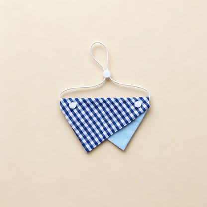 Navy Gingham Pet Neckwear with navy and white checks, light blue underpanel and white cord.
